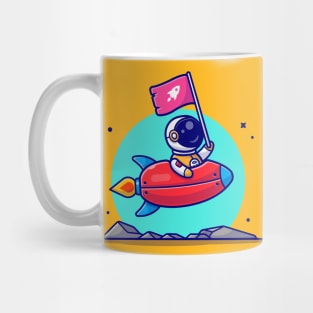 Cute Astronaut Holding Flag With Riding Rocket in Space Cartoon Vector Icon Illustration Mug